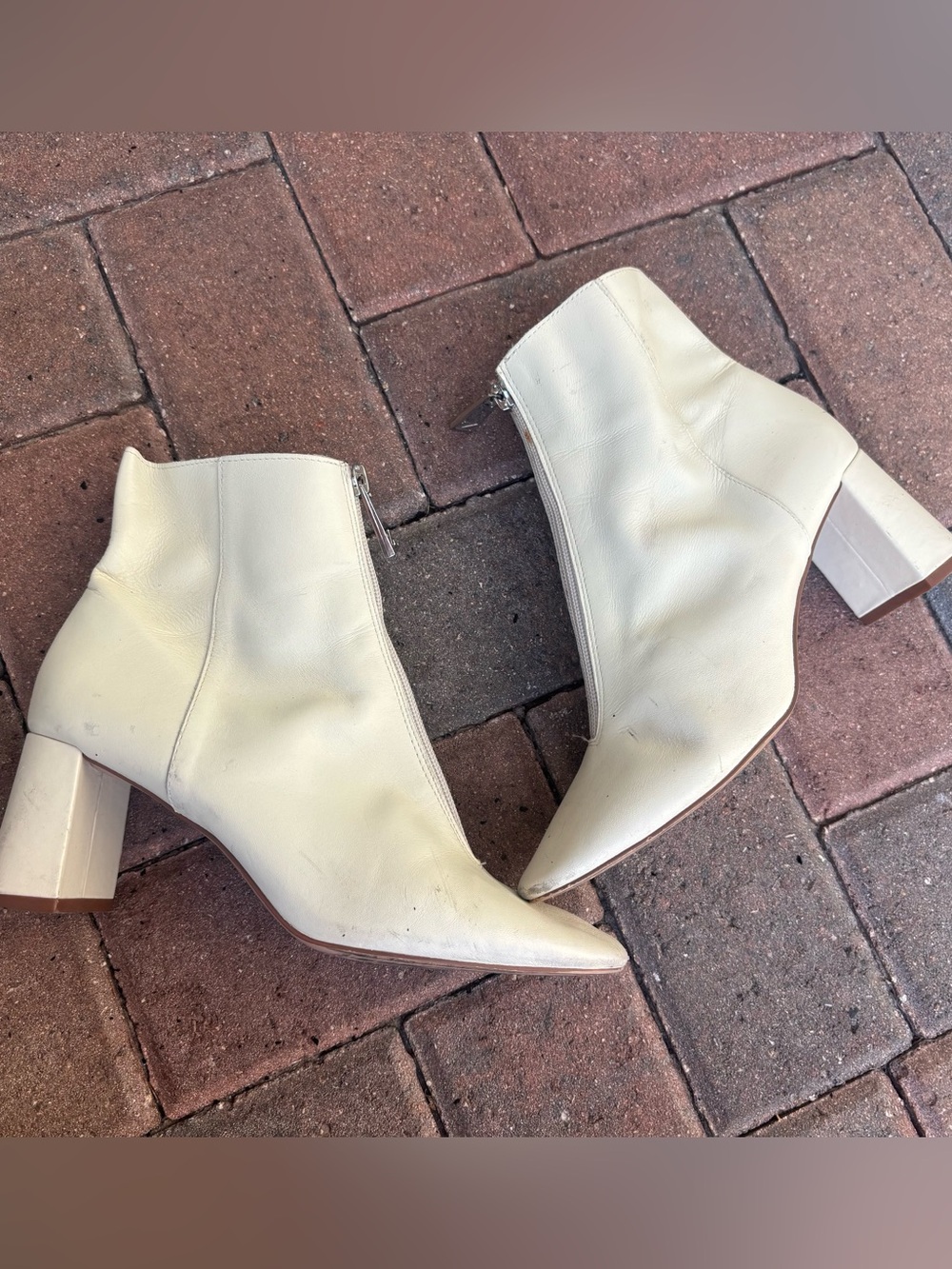 Zara Cream Leather Front Zip Block Heel Ankle Boots 38